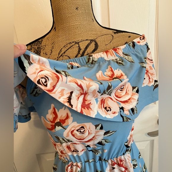 Hot Kiss baby blue pink floral high low stretchy dress off shoulder midi S - Picture 5 of 12